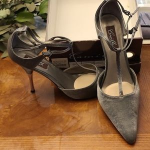Camille silver heels with double ankle straps and